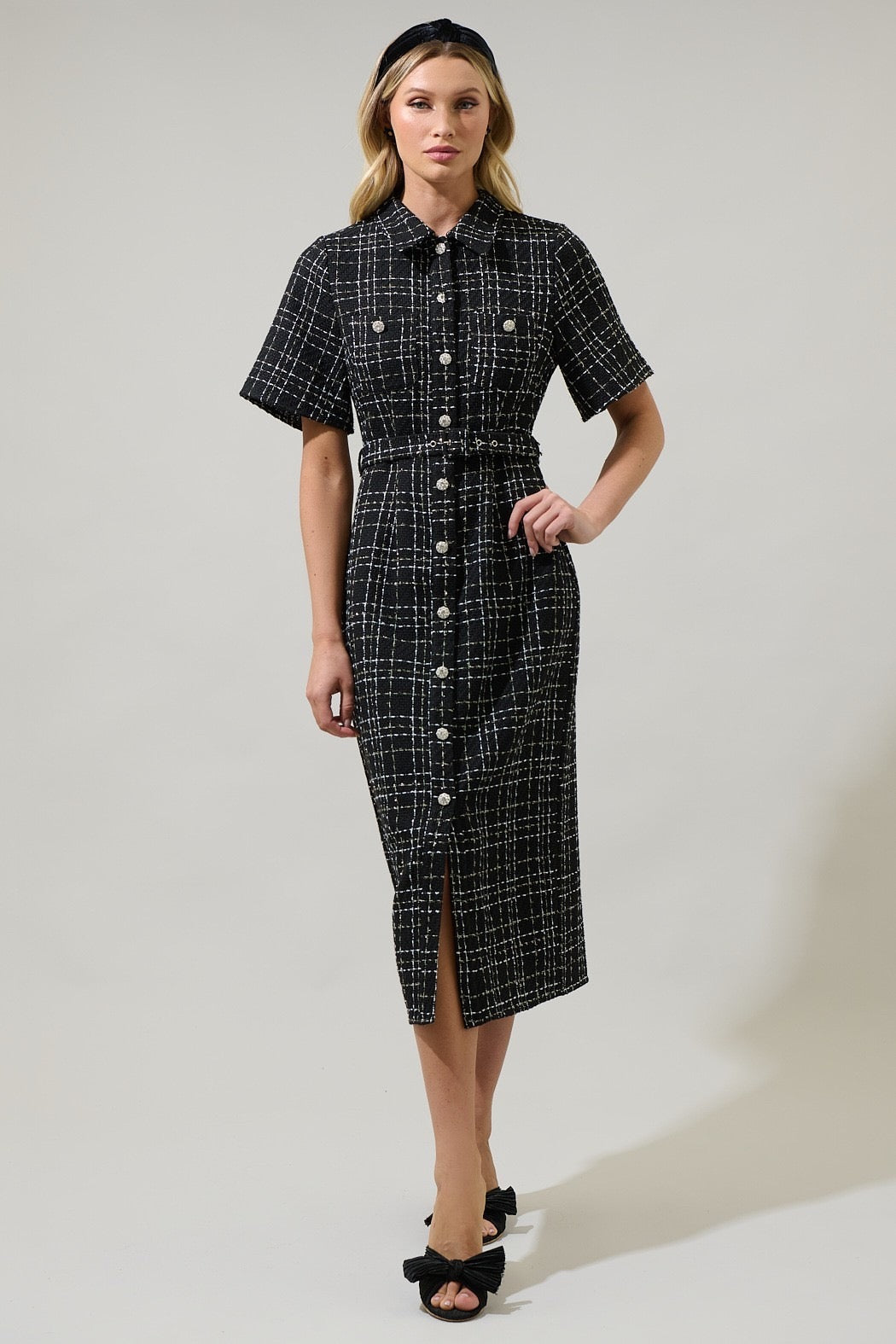 Vestido camisero tweed botones joya Negro