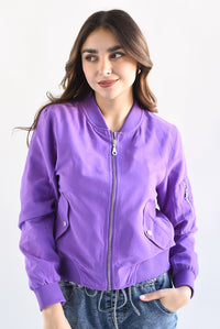 Fashion Styled Chamarra Bomber piel de durazno Morado