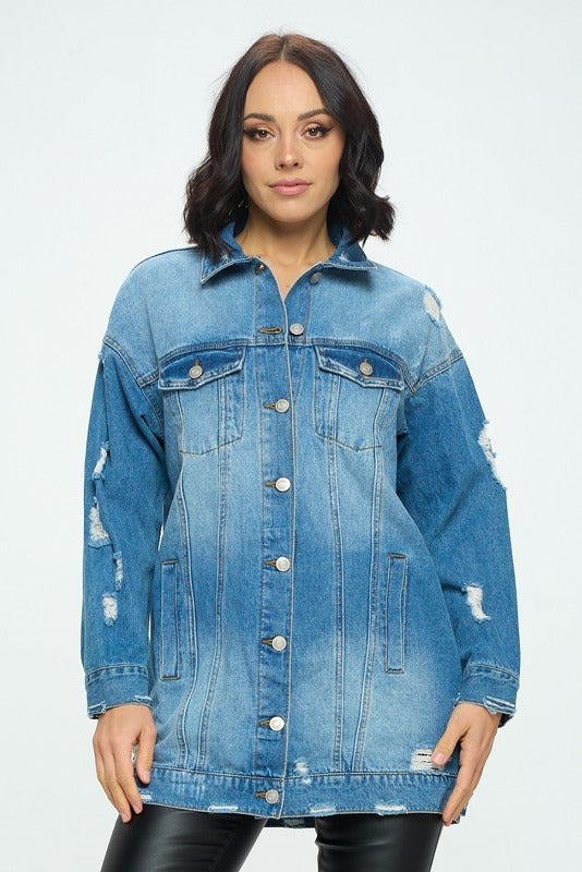 Chamarra denim larga desgarrado