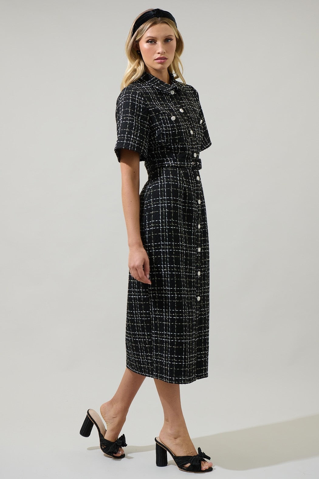 Vestido camisero tweed botones joya Negro