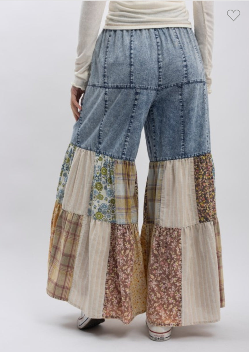 Pantalón denim maxi campana patchwork