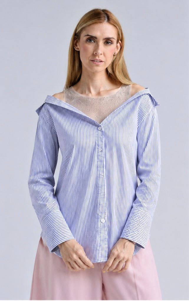 Camisa off-shoulders rayas top mesh brillos