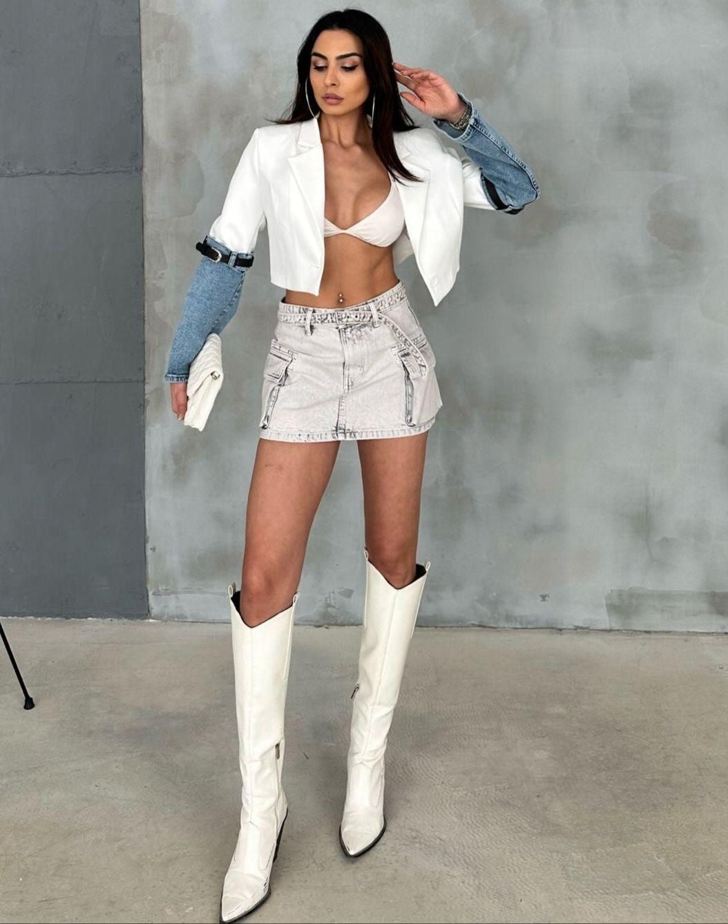 Blazer crop mangas Denim Blanco