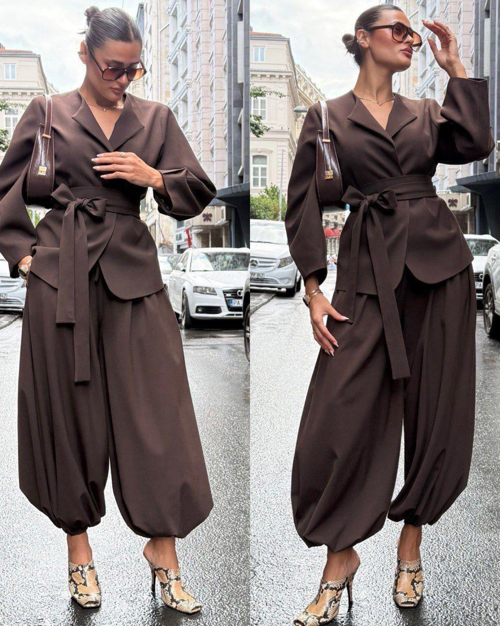 Set Pantalón globo y Blazer cinta Espresso