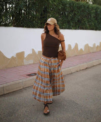 Fashion Styled Pantalón globo cuadros Naranja & Azul