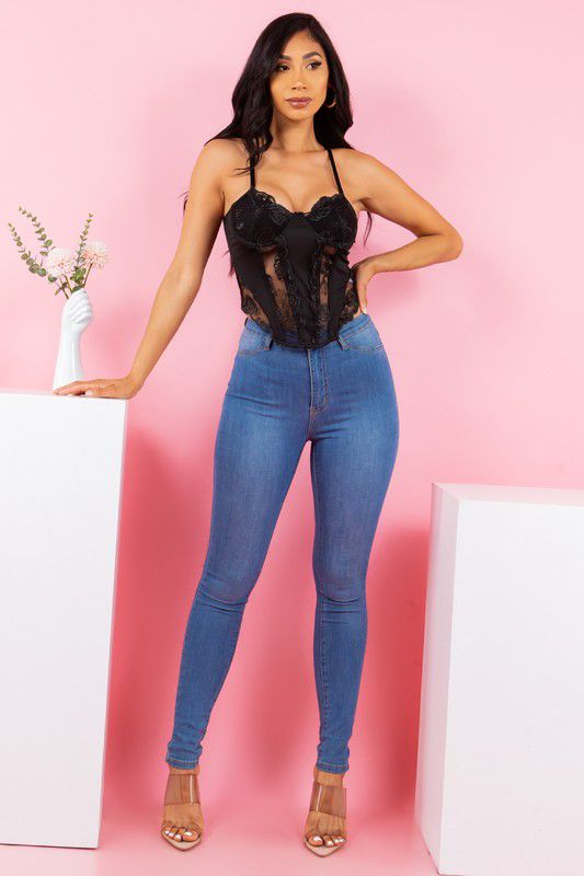 Corset encaje flores Negro