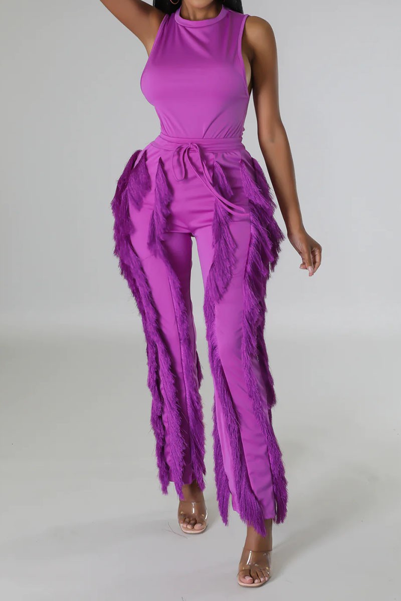 Set Pantalón flecos y Body Morado