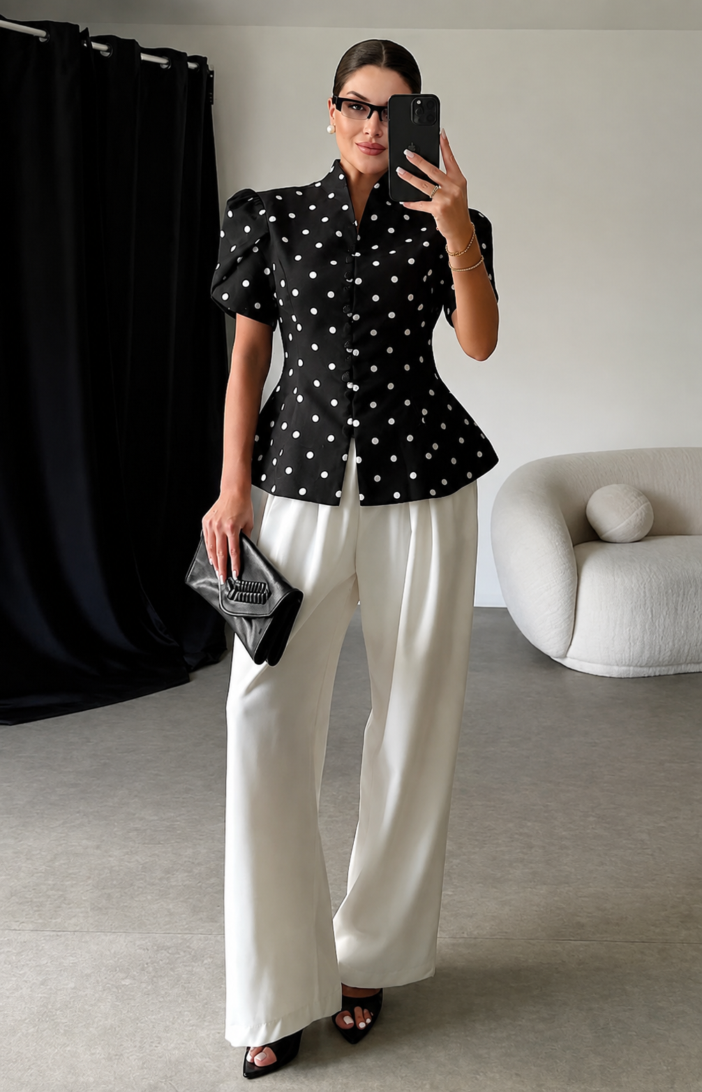 Set Pantalón liso y Blusa peplum polka dots