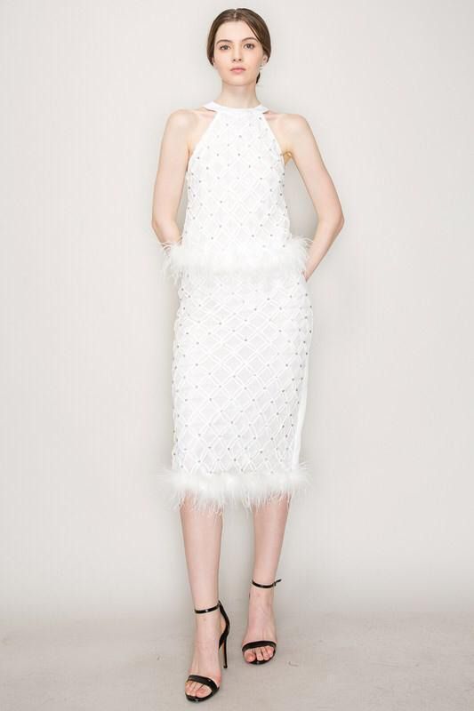 Set Falda y Top plumas y brillos Blanco