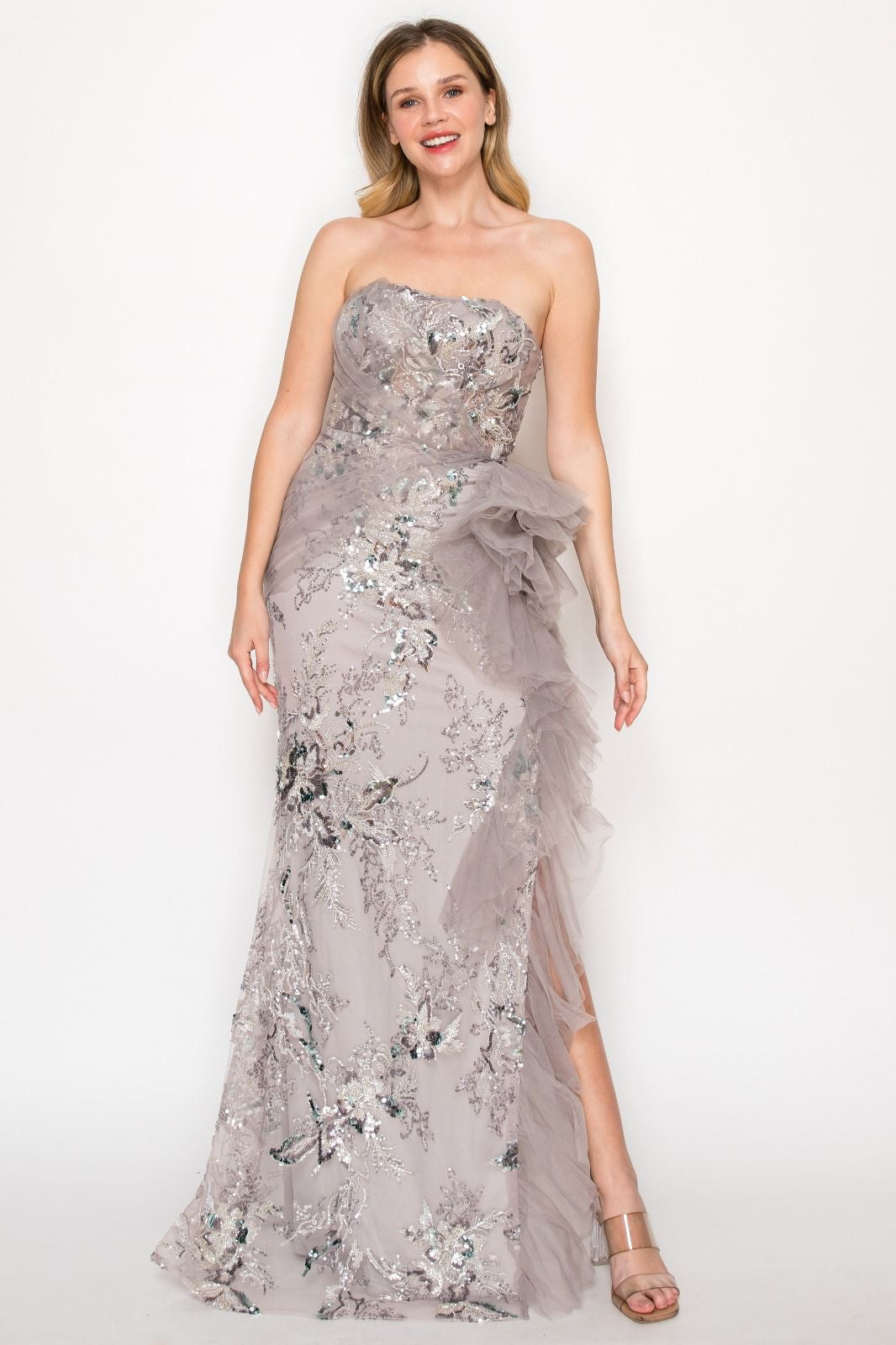 Vestido largo strapless lentejuela y tulle Plata