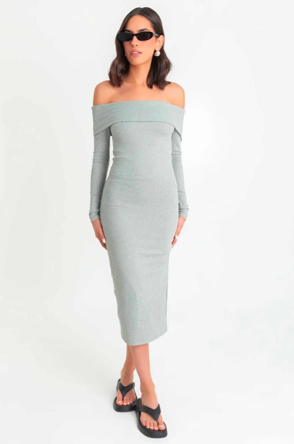 Vestido off-shoulder canalé Gris