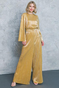 Fashion Styled Jumpsuit plisado metálico Dorado