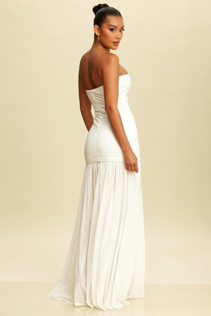 Vestido largo strapless plisado Blanco