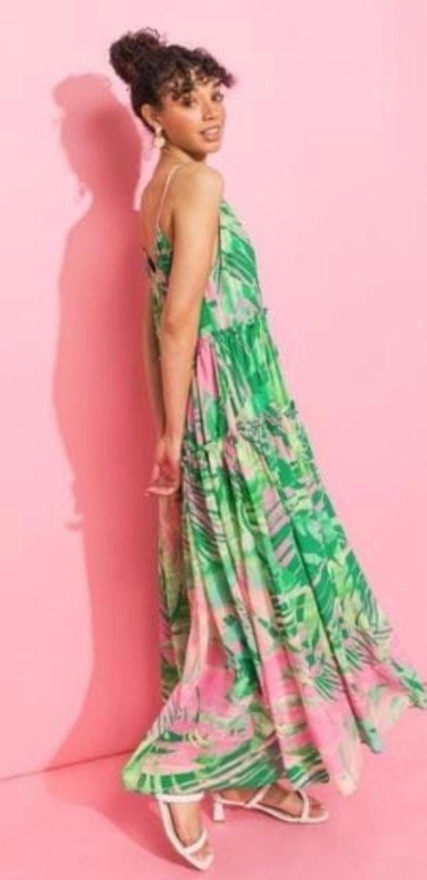 Vestido largo tropical Verde con Rosa