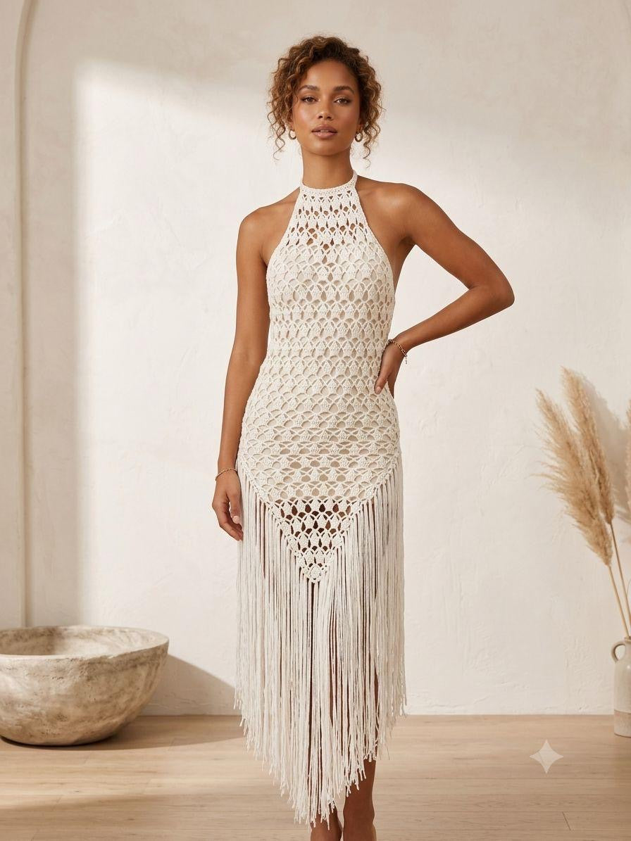 Vestido crochet halter flecos