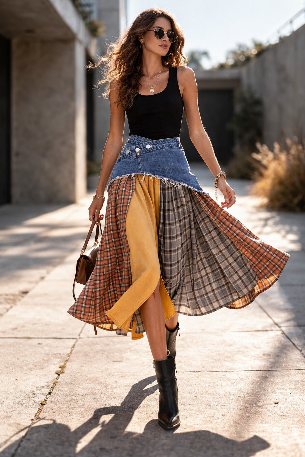 Falda patchwork cuadros pretina denim