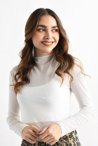 Fashion Styled Blusa mesh brillos cuello perkins Blanca