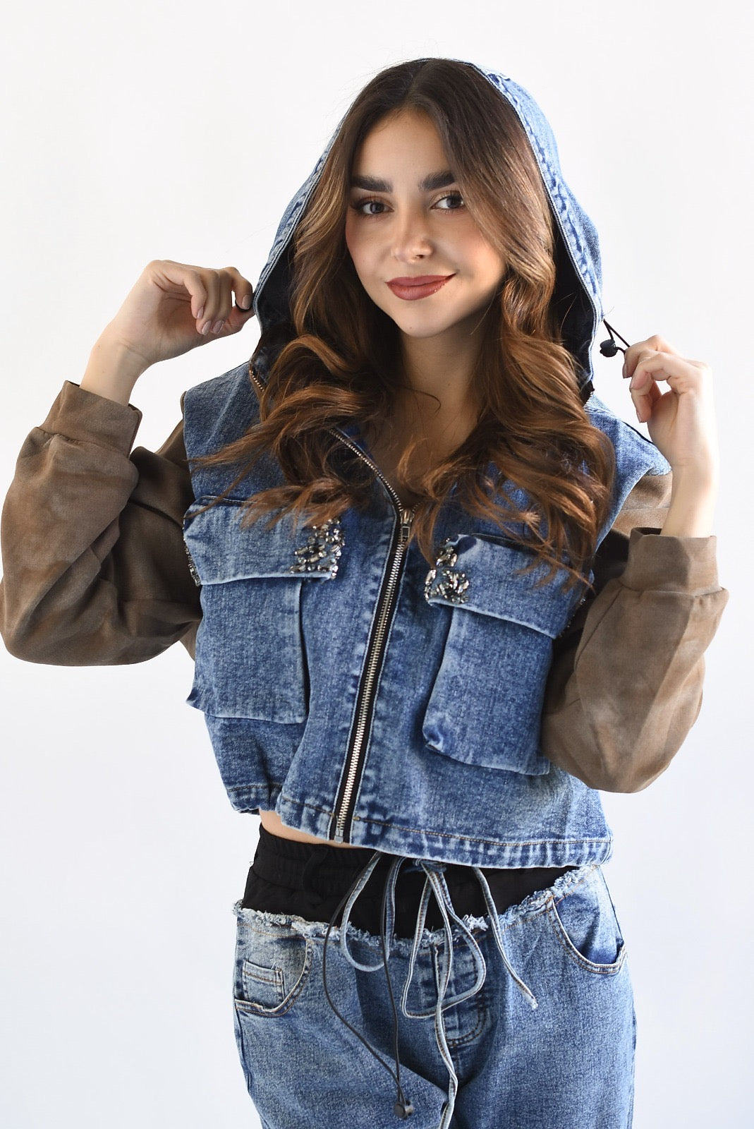 Chamarra Denim Hoodie mangas Café