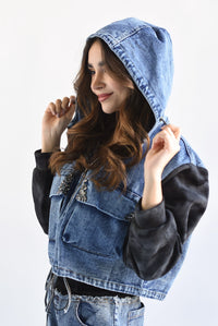 Fashion Styled Chamarra Denim Hoodie mangas Negra