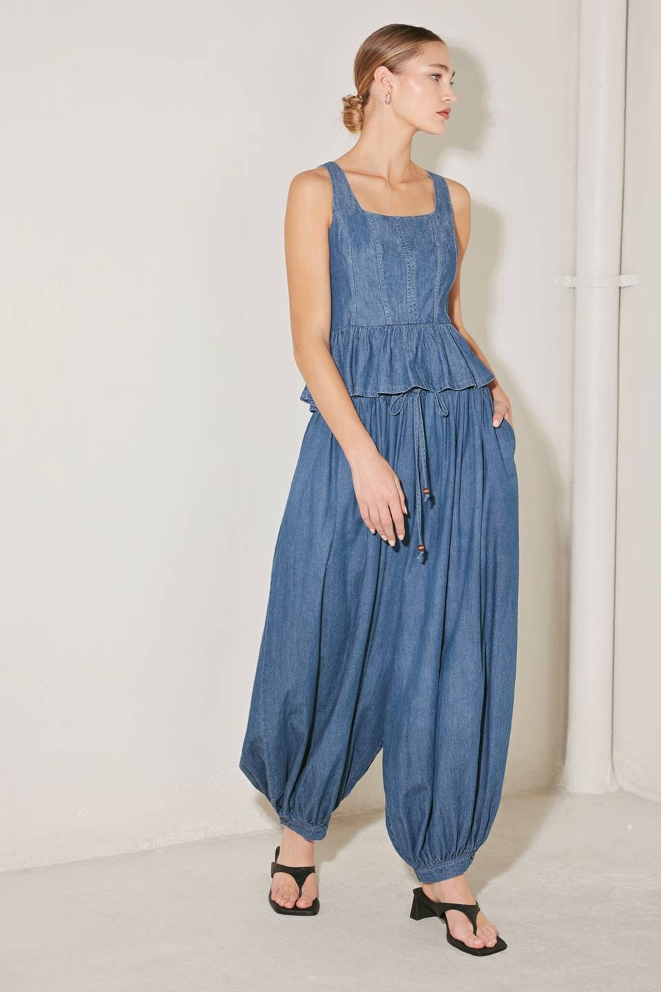 Pantalón globo cintura elástica Denim