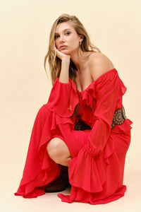 Fashion Styled Vestido largo olanes gasa Rojo