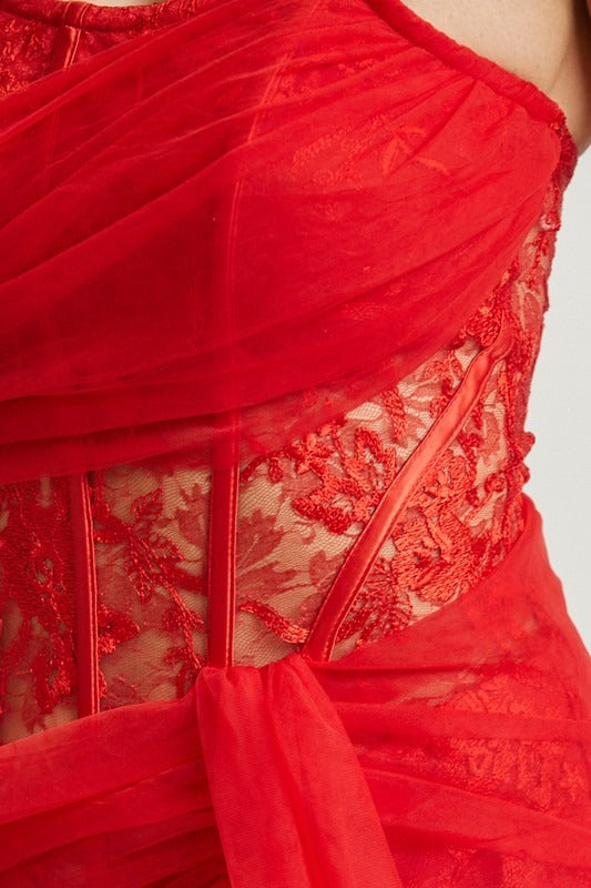Vestido encaje y tulle Rojo