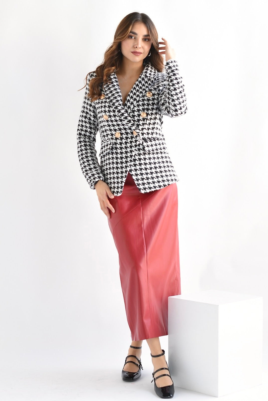 Blazer tweed Houndstooth botones dorados