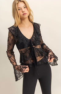 Fashion Styled Blusa encaje olanes lazos Negro