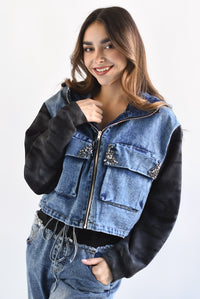 Fashion Styled Chamarra Denim Hoodie mangas Negra