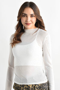 Fashion Styled Blusa mesh brillos cuello perkins Blanca