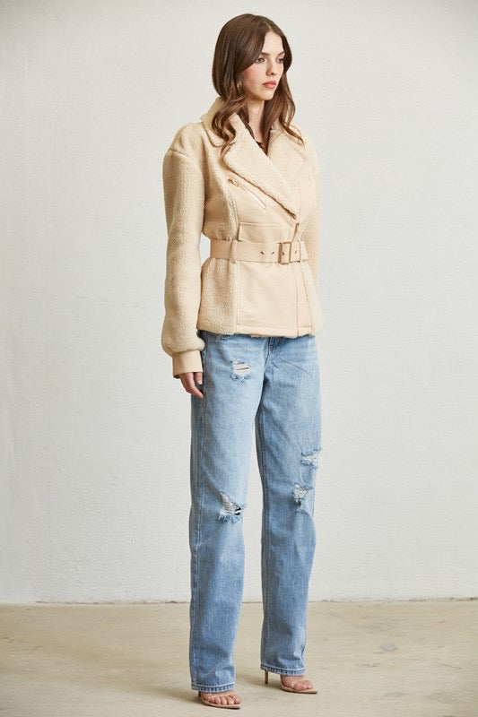 Chamarra biker borrega con vinipiel Beige