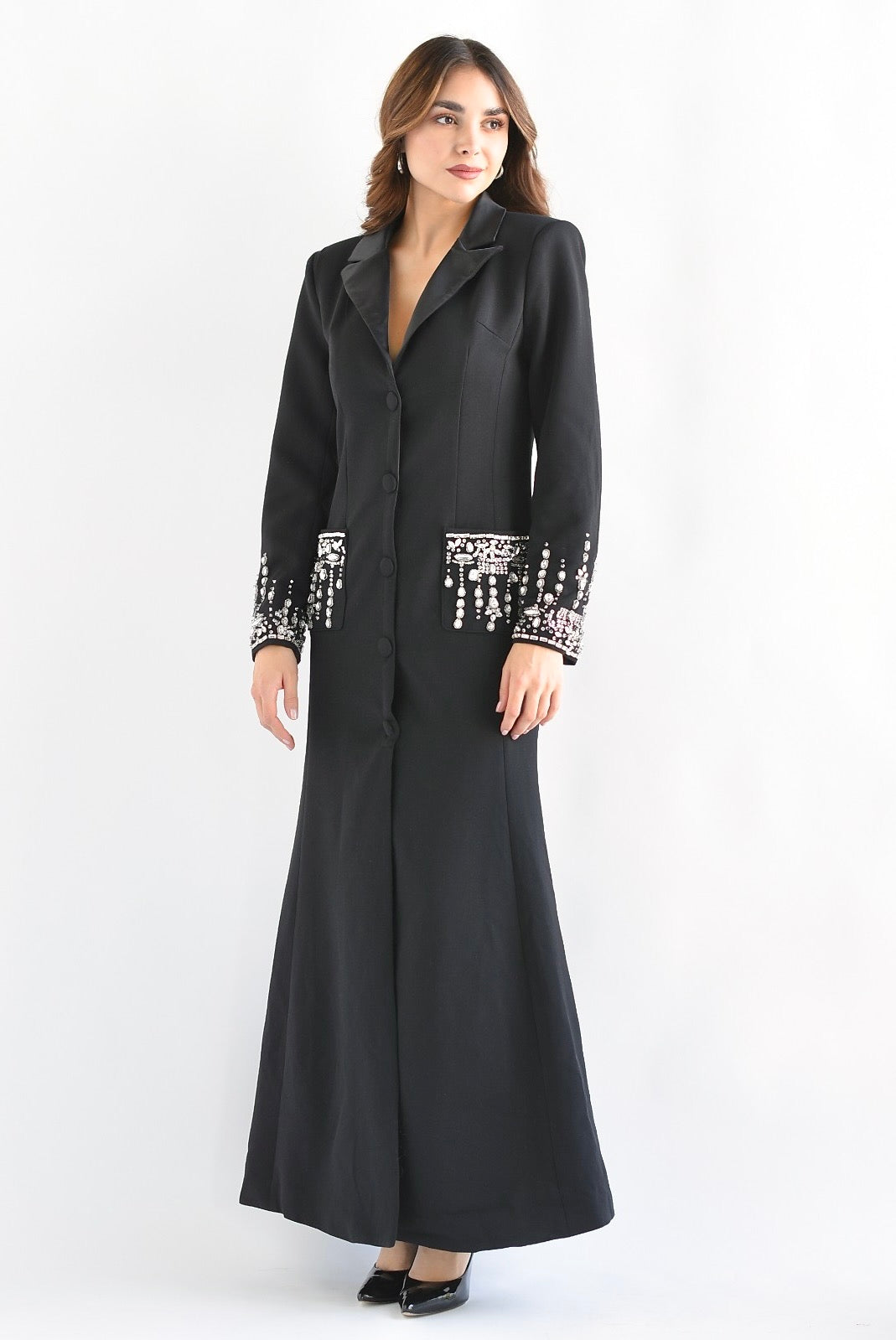 Vestido largo solapa satín Joyas Negro