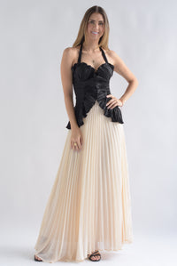 Fashion Styled Vestido plisado torso escarolas Negro y Ivory