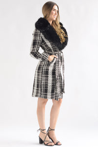 Fashion Styled Abrigo tweed cuadros cuello fur