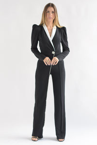 Fashion Styled Jumpsuit asimétrico joyas solapa blanca Negro