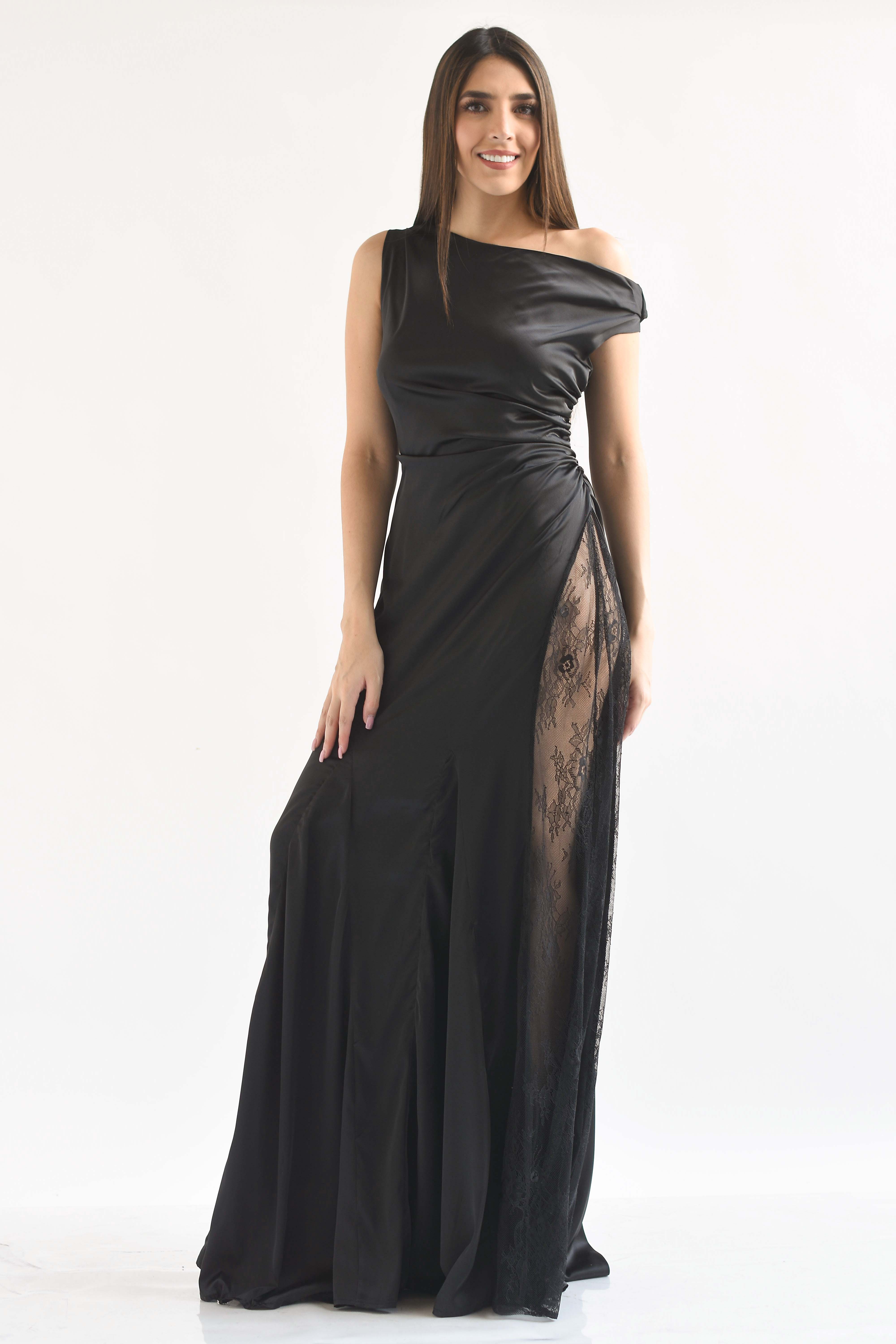 Vestido largo satín con encaje