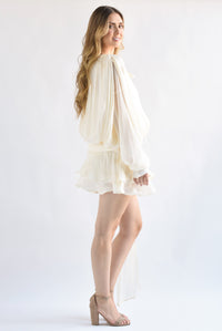 Fashion Styled Vestido drapeado maga larga cauda Ivory