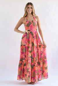 Fashion Styled Vestido largo pecho elástico Tropical Rosa Mexicano