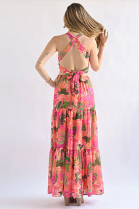 Fashion Styled Vestido largo pecho elástico Tropical Rosa Mexicano