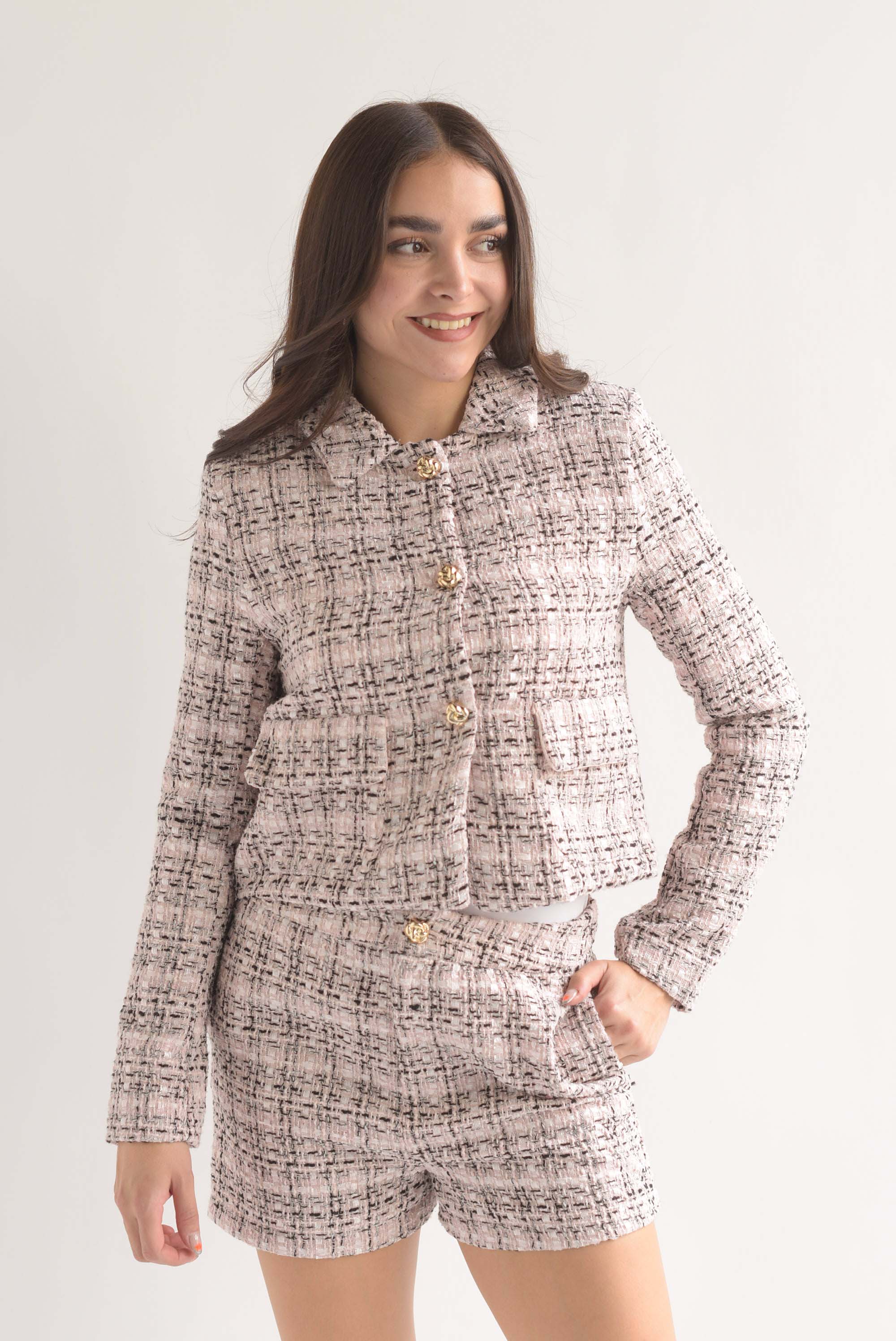 Set Short y Blazer tweed botón dorado
