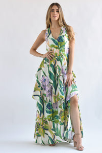 Fashion Styled Vestido largo olanes Flores y Hojas Lila con Verde