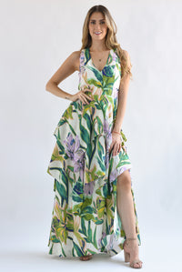 Fashion Styled Vestido largo olanes Flores y Hojas Lila con Verde