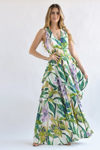 Fashion Styled Vestido largo olanes Flores y Hojas Lila con Verde