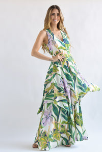 Fashion Styled Vestido largo olanes Flores y Hojas Lila con Verde