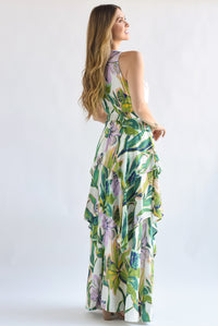 Fashion Styled Vestido largo olanes Flores y Hojas Lila con Verde