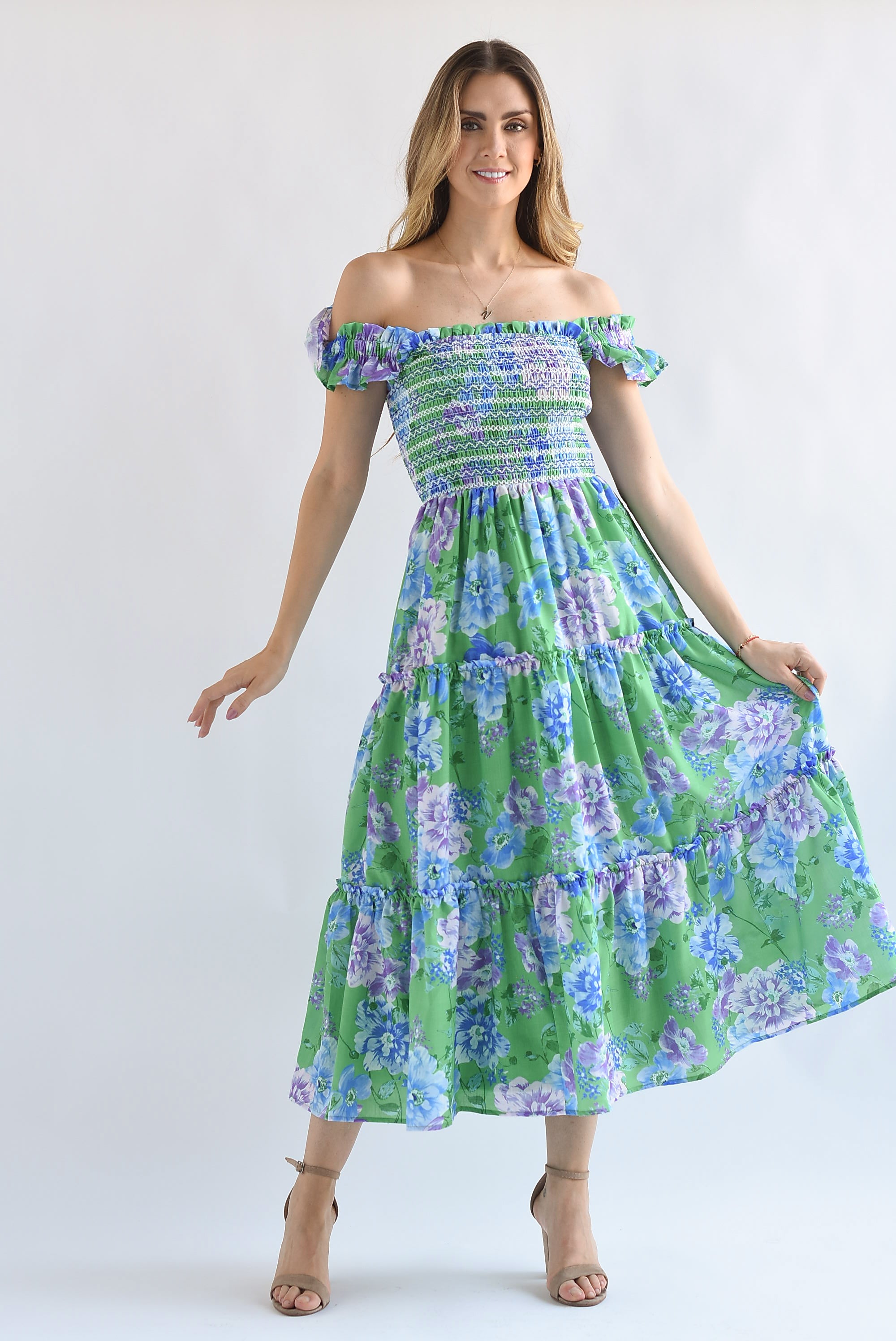 Vestido midi torso y tirantes elástico Flores Verde