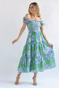 Fashion Styled Vestido midi torso y tirantes elástico Flores Verde