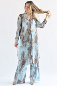 Fashion Styled Set Pantalón y Blusa larga mesh brochazos Azul