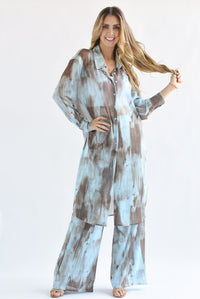 Fashion Styled Set Pantalón y Blusa larga mesh brochazos Azul