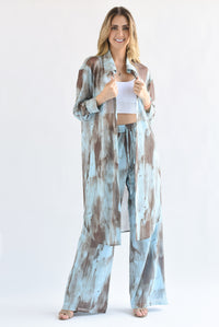 Fashion Styled Set Pantalón y Blusa larga mesh brochazos Azul